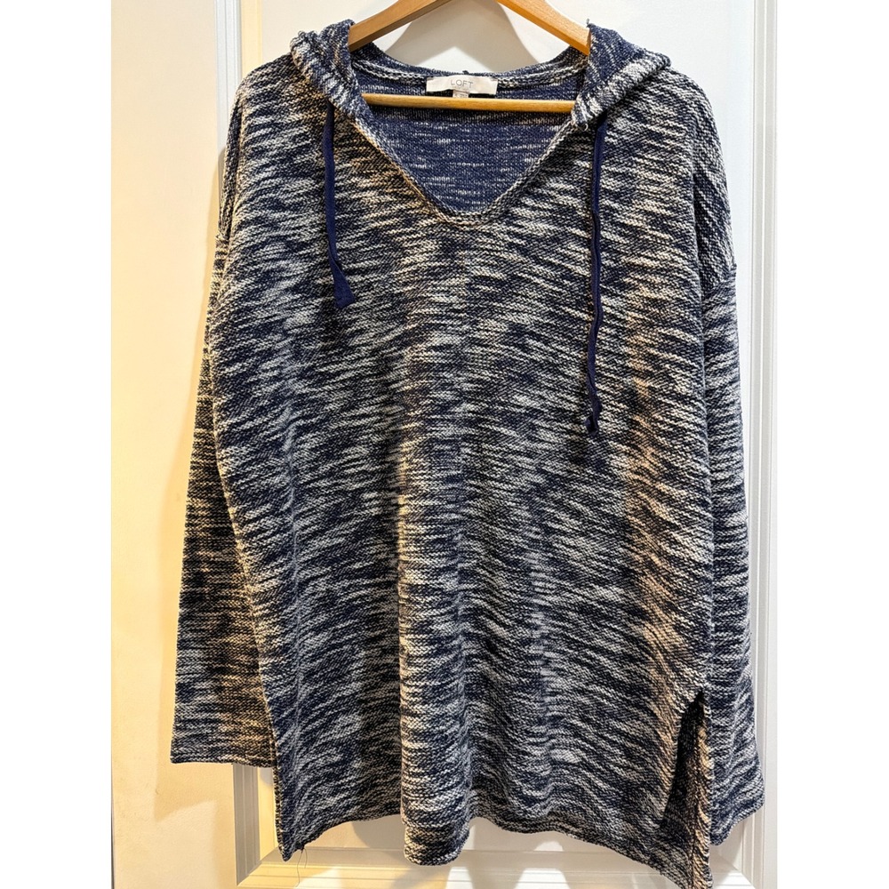 Loft Navy Blue Space Dye Hooded Sweater Womens XL V-Neck Pullover Knit